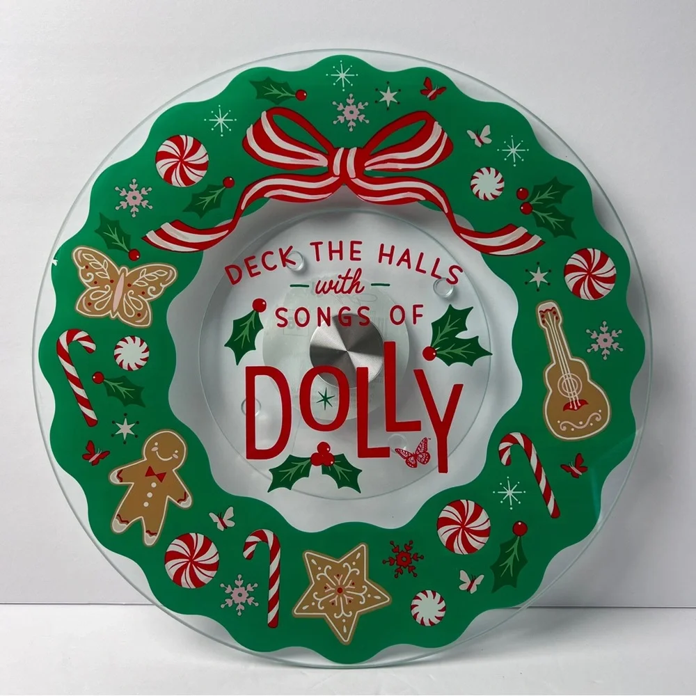 Dolly Parton Festive 12” Lazy Susan Wreath Design - Green Red Gingerbread Guitar